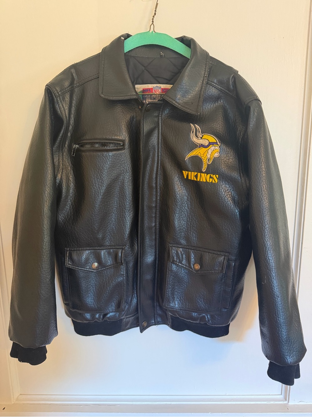 Vintage 90s Mighty-Mac Minnesota Vikings NFL Kids Leather Bomber Jacket Black
